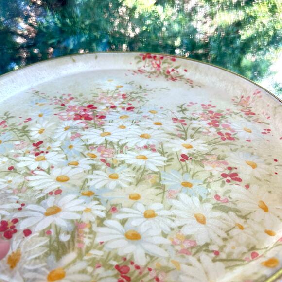 Vintage Fiberglass Serving Tray with Daisy Floral Design – 13.25” Round - Picture 3 of 10